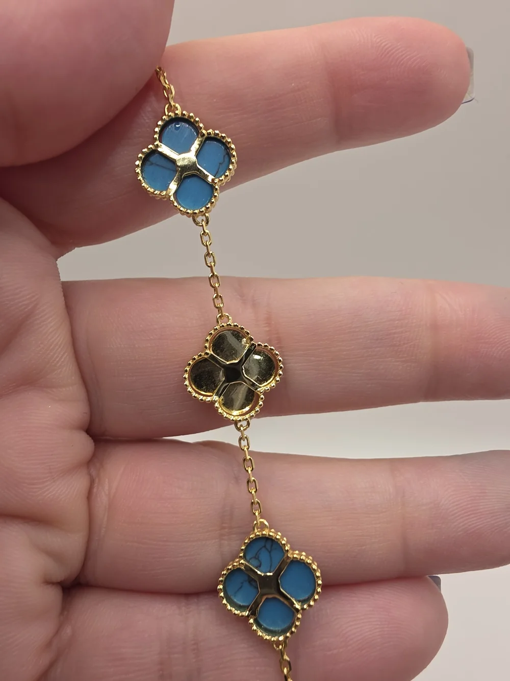 Gold Over S925  Turquoise Clover Link Bracelet 6-8 Inches